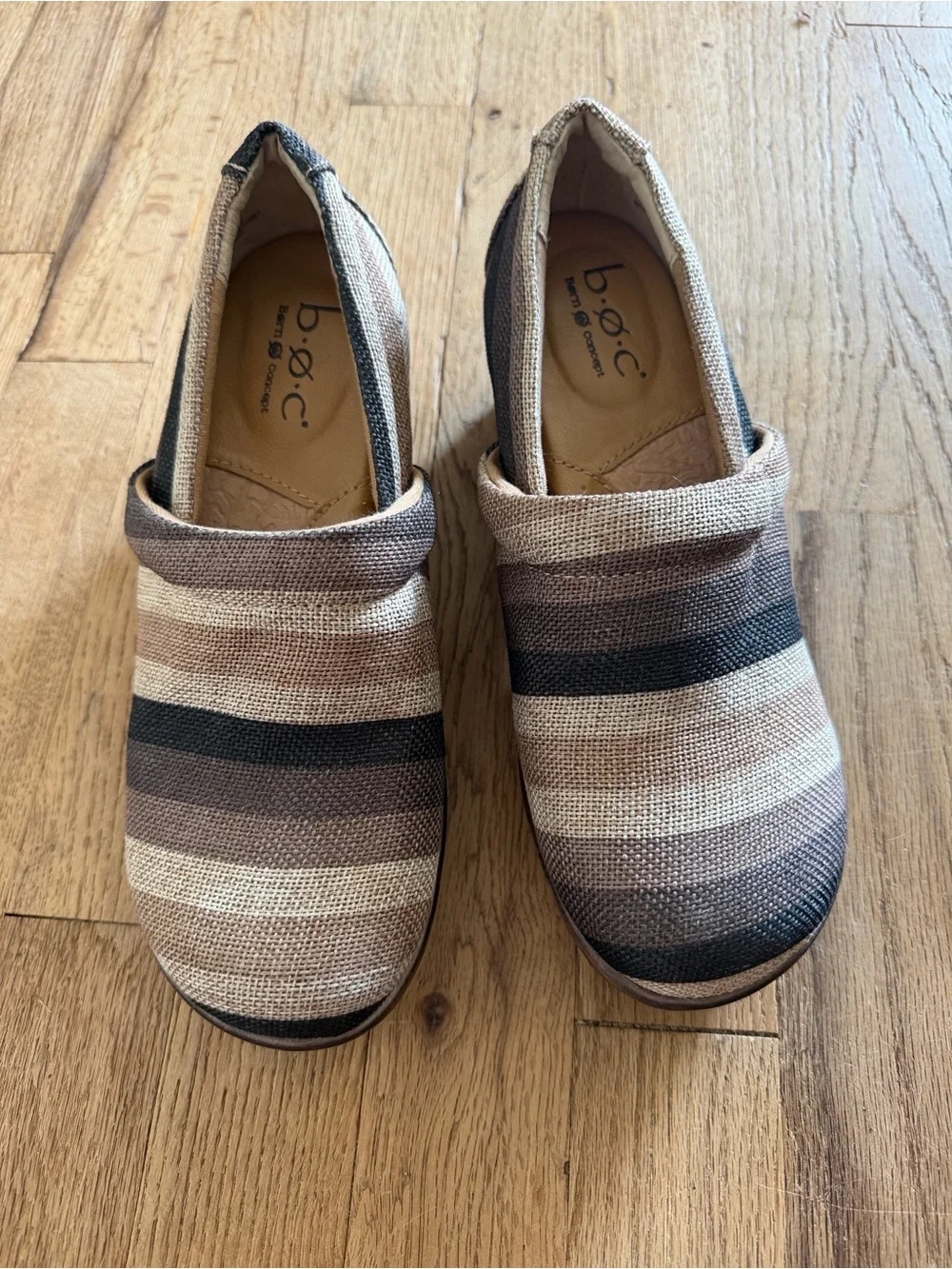 b.o.c. Nadiyya Striped Brown Slip-On Granola Girl Minimalist Earthy Clogs Size 7